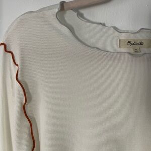 Madewell Cropped Ivory Ribbed Top with Red & Grey Edging